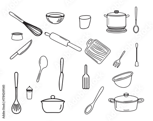 Hand Drawn Kitchen Utensils Vector Set, Cooking Tools Line Art Clip art, Kitchenware Illustration.