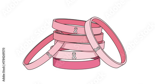 Stack of pink awareness bracelets with ribbon symbols, representing support for breast cancer awareness campaigns.
