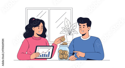 A young couple managing their finances together, saving money in a glass jar and tracking investments on a tablet.