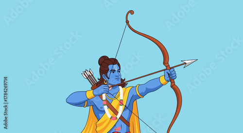 Illustration of Lord Rama with a blue complexion, drawing a bow and arrow, ready to shoot.
