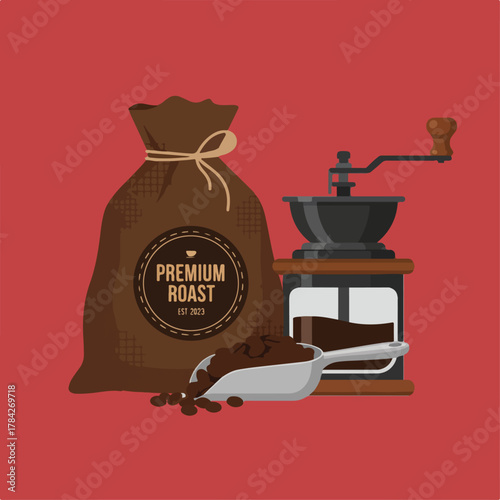 A flat vector illustration of a bag of premium coffee beans, a coffee grinder, and a scoop of coffee beans on a solid red background.