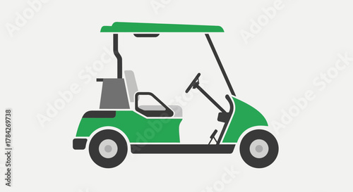 Green golf cart illustration with a canopy, seat, and steering wheel.