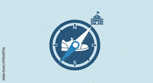 A compass with a shoe icon pointing towards a building, symbolizing direction and guidance in education or career.