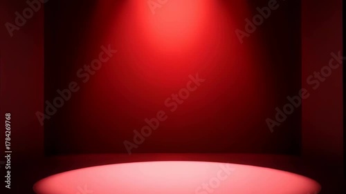 Dramatic Red Stage Lighting With Spotlights Shining Down On A Dark Empty Stage And Light Circle On The Floor