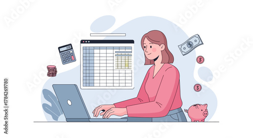 A woman is working on a laptop with a spreadsheet and calculator, surrounded by money and a piggy bank.