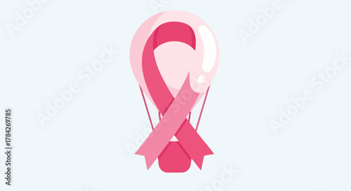 A pink hot air balloon shaped like a breast cancer awareness ribbon, symbolizing hope and support for patients.