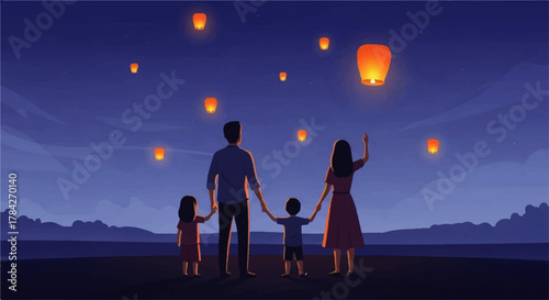 Family Watching Sky Lanterns Illuminate Night Sky.