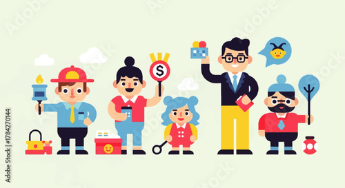 Diverse Group of Cartoon Characters with Symbols.