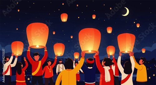 People Releasing Sky Lanterns Under Crescent Moon.