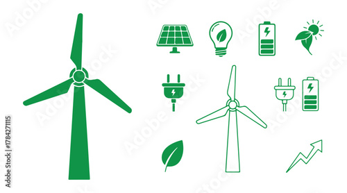 Set of Windmill  Icons. Renewable Energy for Eco-Friendly Living. Wind Farm Power Generation. Electric Industry Ecology Technology Symbols on a White Background. Isolated Vector