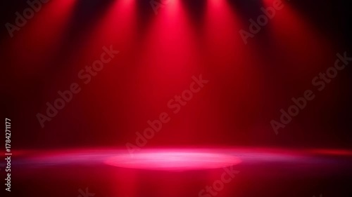 Empty Stage Lit with Red Spotlight Beams Creates Dramatic Atmosphere with Dark Background and Reflective Floor