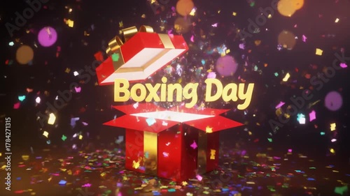 A festive red gift box opens to reveal a sparkling Boxing Day celebration with confetti.