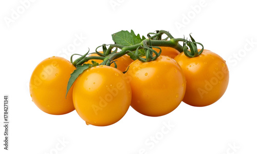 Fresh cluster of vibrant yellow cherry tomatoes on the vine, isolated on a clean white background, showcasing their natural ripeness.