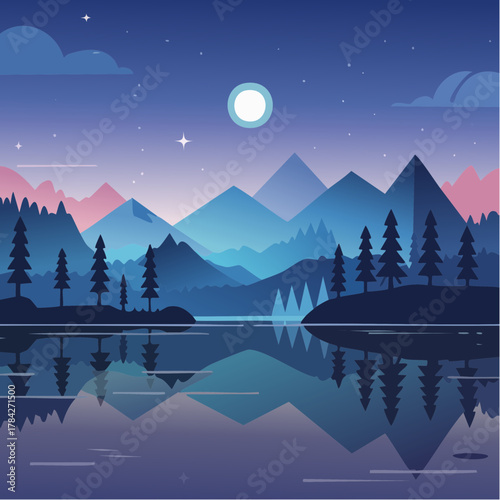 Serene mountain lake at night with stunning reflections under moonlight, perfect for meditation apps, nature blogs, or calming desktop backgrounds