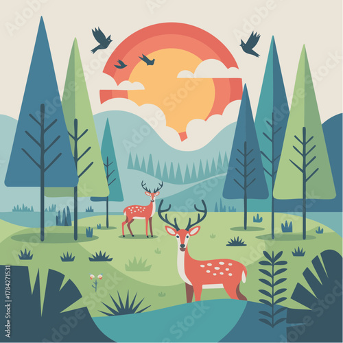 Enchanting forest scene with deer under a pastel sunset, birds flying overhead, perfect for nature lovers seeking tranquility and artistic escape with this vector