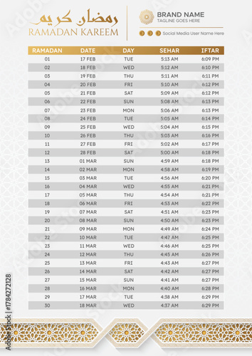 Ramadan Kareem Calendar Timetable, Sehri and Iftar Schedule Printable Template