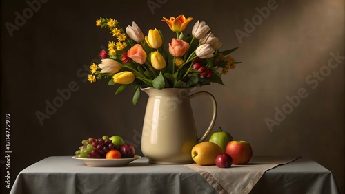 Wallpaper Mural Traditional still life ceramic pitcher with tulips grapes and apples image Torontodigital.ca