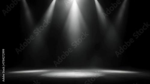 Stage Spotlights Illuminating Dark Empty Studio Background With Light Beams Creating Dramatic Atmosphere