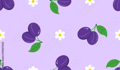 Seamless pattern with ripe, juicy plums. Fruit pattern. Can be used for wallpaper, pattern fills, web page background, surface textures