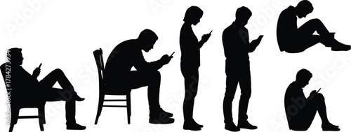 Silhouettes of people using smartphones in seated and standing postures—hunched, isolated—for tech behavior, lifestyle, and illustration design use