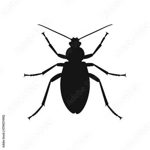 A simple, symmetrical black silhouette of an insect with six legs and long antennae against a white background