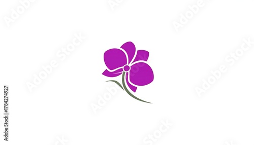 A simplified illustration of a purple orchid in full bloom, depicted against a clean white backdrop. A stem extends from the flower