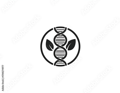A stylized genetic double helix symbol with leaves inside a circle