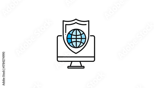 A stylized icon showing a globe inside a shield, set against a computer screen, signifying data protection