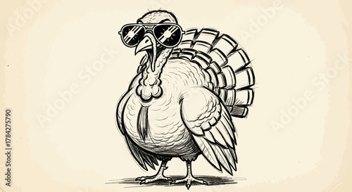 Hand-drawn sketch of a cool turkey wearing sunglasses and a tie with a confident pose.