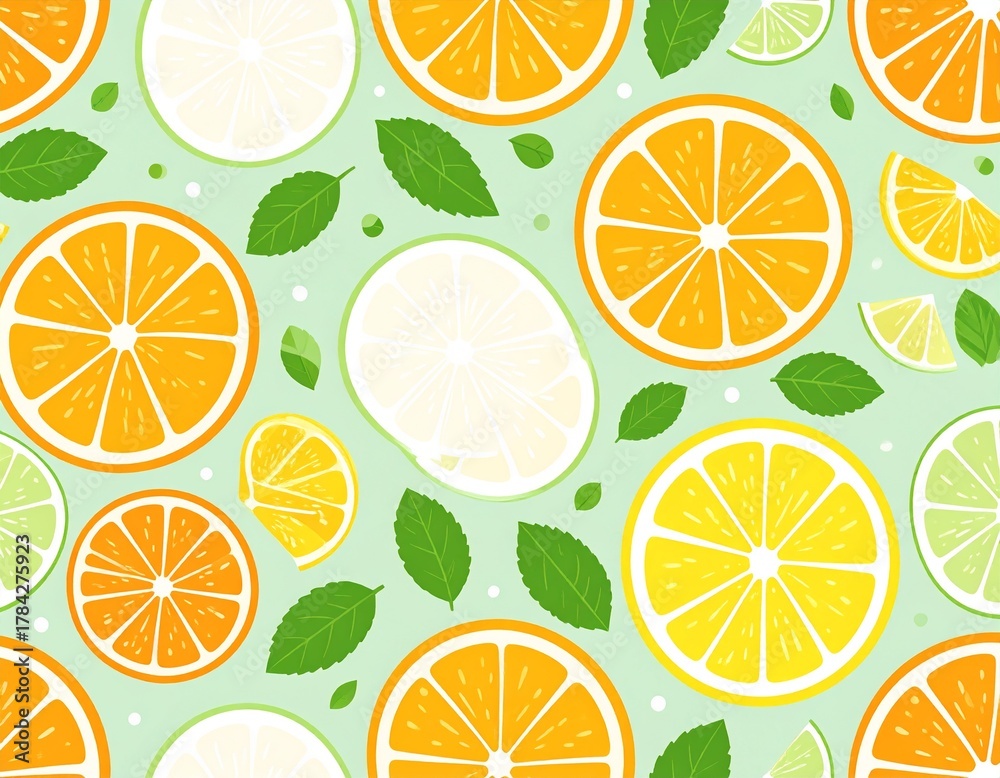 Obraz premium Vibrant illustration of citrus fruits, including oranges, lemons, and limes, with green leaves on a light green background.