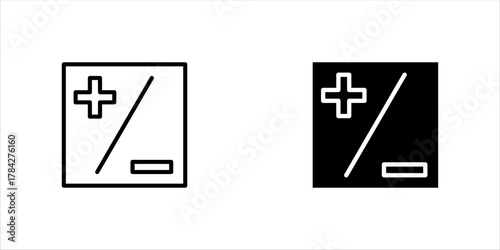 Plus minus icon set in flat version on black and white background, vector illustration, eps 10