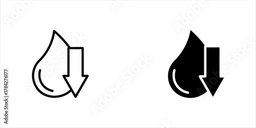 Low water level icon. Reduce water usage logo. Droplet with arrow down symbol. Supply shortage illustration isolated.