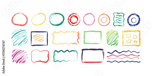 Hand drawn colorful frames and shapes set of doodle elements for graphic design vector illustration of circle, square, rectangle, wave