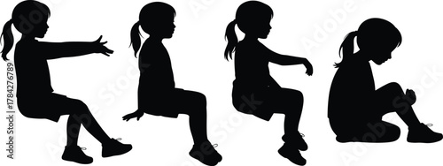 Silhouettes of seated child in diverse postures—arms forward, upright, raised arm, curled pose—for emotion, behavior, and illustration design use