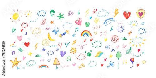Whimsical handdrawn doodles of suns, clouds, hearts, rainbows, and stars create a playful and cheerful design perfect for adding a touch of fun