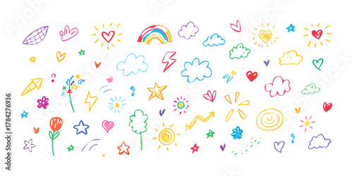 A delightful array of handdrawn doodles featuring suns, clouds, hearts, rainbows, and stars creates a whimsical and joyful design