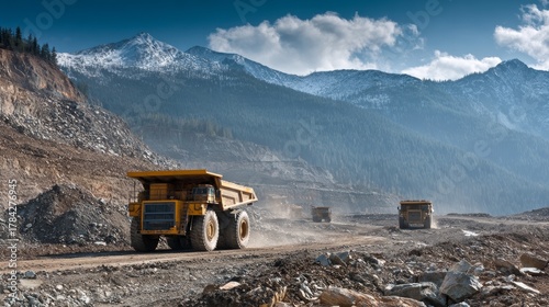 Large yellow mining trucks on a dusty road in a quarry against a backdrop of mountains under a partly cloudy sky