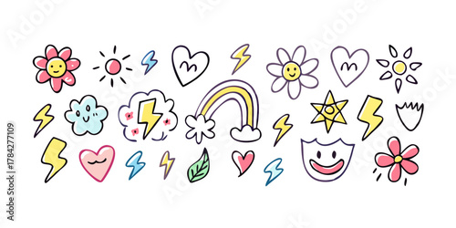 A delightful array of handdrawn doodles featuring hearts, rainbows, clouds, stars, and suns, radiating positivity and charm