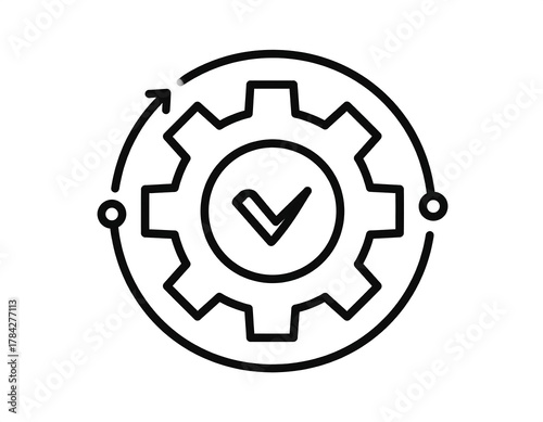 A gear with an inner check mark, encircled by a directional arrow