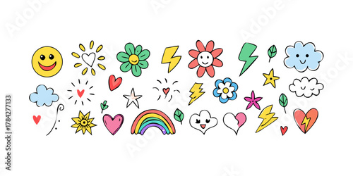 A delightful assortment of handdrawn doodles showcasing a smiley face, heart, flower, lightning bolt, rainbow, and cloud, perfect for adding joy