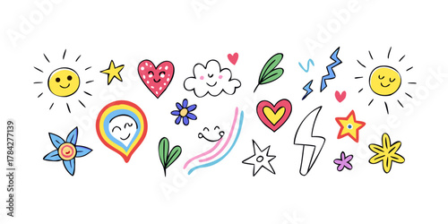 A charming array of handdrawn doodles featuring a sun, star, heart, cloud, flower, leaf, and lightning bolt, great for adding a playful touch
