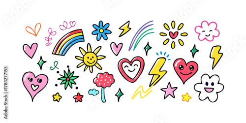 Set of cute doodle elements hand drawn sun, heart, rainbow, star, flower, lightning bolt vector illustration for kids design