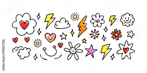 A charming compilation of handdrawn doodles featuring clouds, lightning bolts, hearts, flowers, and stars, perfect for injecting a playful and creative touch into any design