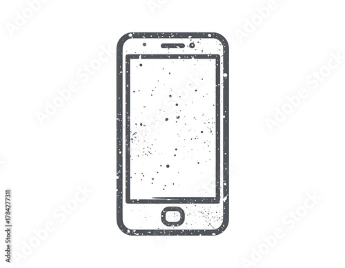 A grunge-style illustration of a modern mobile communication device, showing a front view with button and camera detail