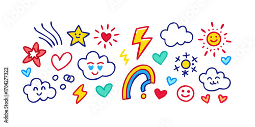 Cheerful doodle elements hand drawn colorful funny icons, clouds, sun, stars, hearts, rainbow and lightning bolts for kids design