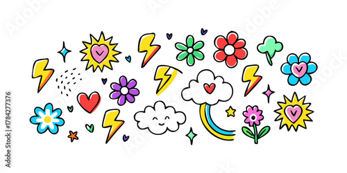 Whimsical doodle illustration featuring hearts, flowers, clouds, rainbows, and lightning bolts, creating a playful and cheerful design