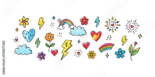 Playful doodle illustration featuring hearts, flowers, clouds, rainbows, and lightning bolts, creating a whimsical and cheerful design