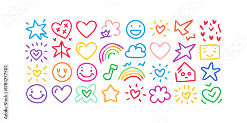 Collection of handdrawn doodle icons, featuring stars, hearts, smiling faces, rainbows, clouds, musical notes, and houses in a playful and colorful style