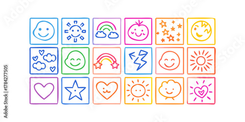 A playful collection of handdrawn icons, each enclosed in a square, showcasing a variety of cheerful symbols like smiling faces, suns, rainbows, hearts, and stars