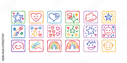 A delightful assortment of handdrawn icons, each framed in a square, showcasing stars, hearts, rainbows, and smiling faces, evoking a sense of joy and creativity